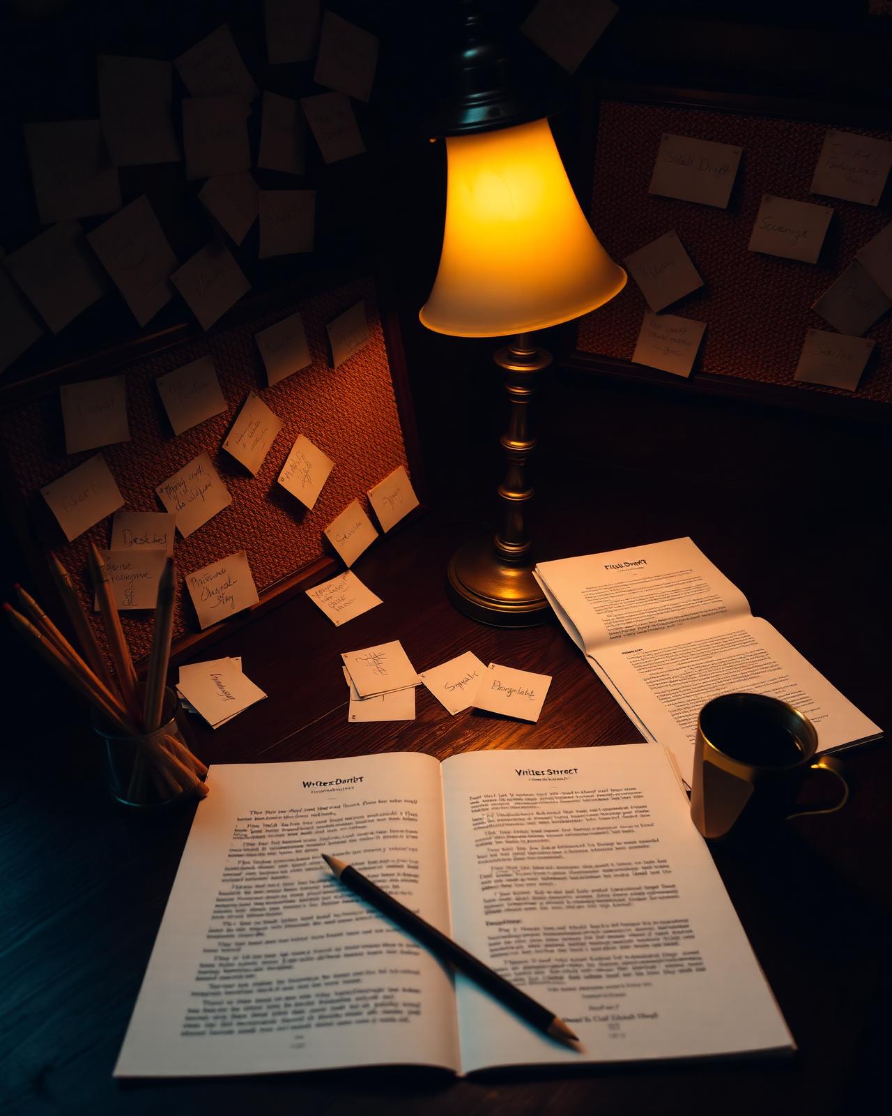 Writers room development table with note cards and script pages